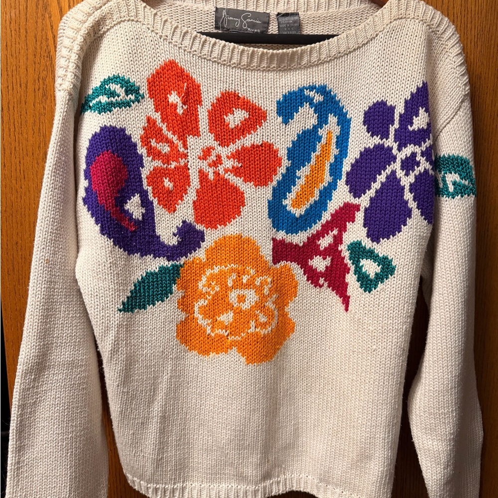 Floral Knit Sweater - Cream- Hand Loomed Design - Vintage Jimmy Garcia